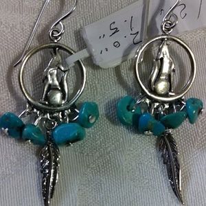 NWT-/STERLING,WOLF, TURQUOISE/FEATHER EARRINGS